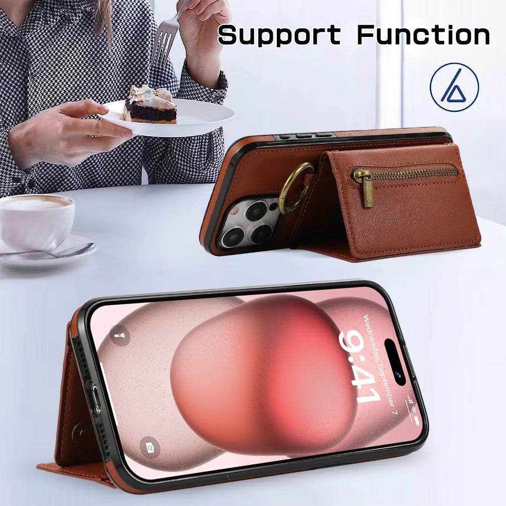 Luxury iPhone Case — PU Leather Crossbody Zipper Wallet Cover with Ring Holder, Card Slot Storage and Anti-Fingerprint Shockproof Protection