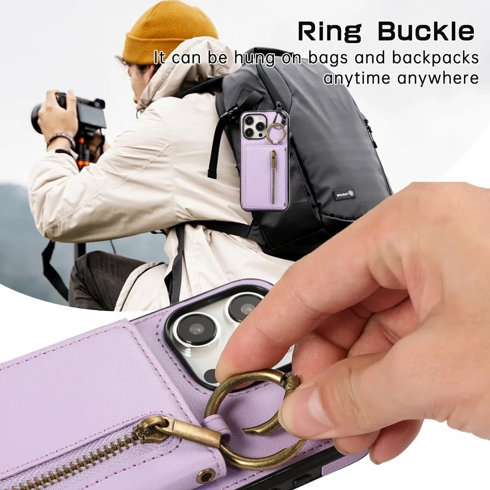 Luxury iPhone Case — PU Leather Crossbody Zipper Wallet Cover with Ring Holder, Card Slot Storage and Anti-Fingerprint Shockproof Protection