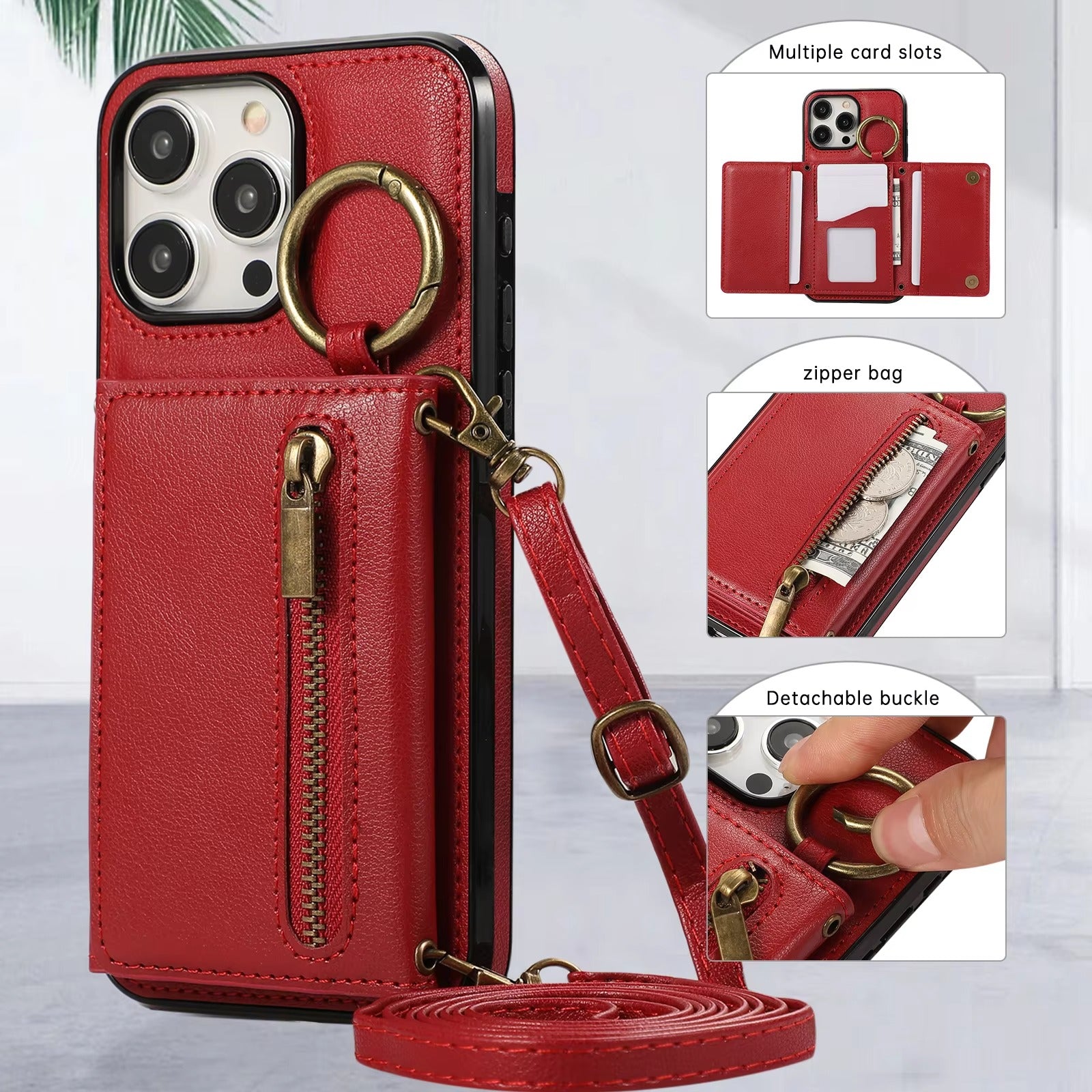 Luxury iPhone Case — PU Leather Crossbody Zipper Wallet Cover with Ring Holder, Card Slot Storage and Anti-Fingerprint Shockproof Protection