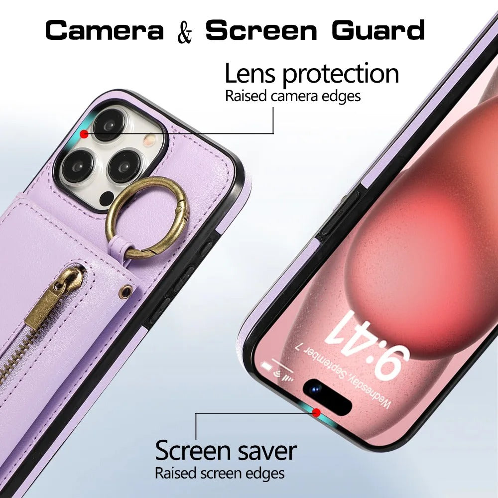 Luxury iPhone Case — PU Leather Crossbody Zipper Wallet Cover with Ring Holder, Card Slot Storage and Anti-Fingerprint Shockproof Protection