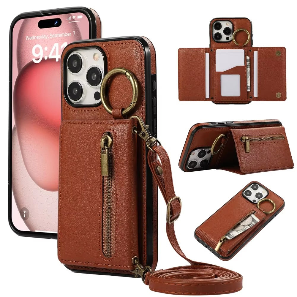Luxury iPhone Case — PU Leather Crossbody Zipper Wallet Cover with Ring Holder, Card Slot Storage and Anti-Fingerprint Shockproof Protection