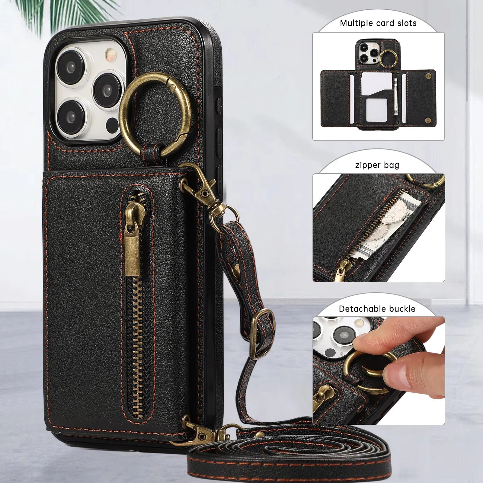 Luxury iPhone Case — PU Leather Crossbody Zipper Wallet Cover with Ring Holder, Card Slot Storage and Anti-Fingerprint Shockproof Protection