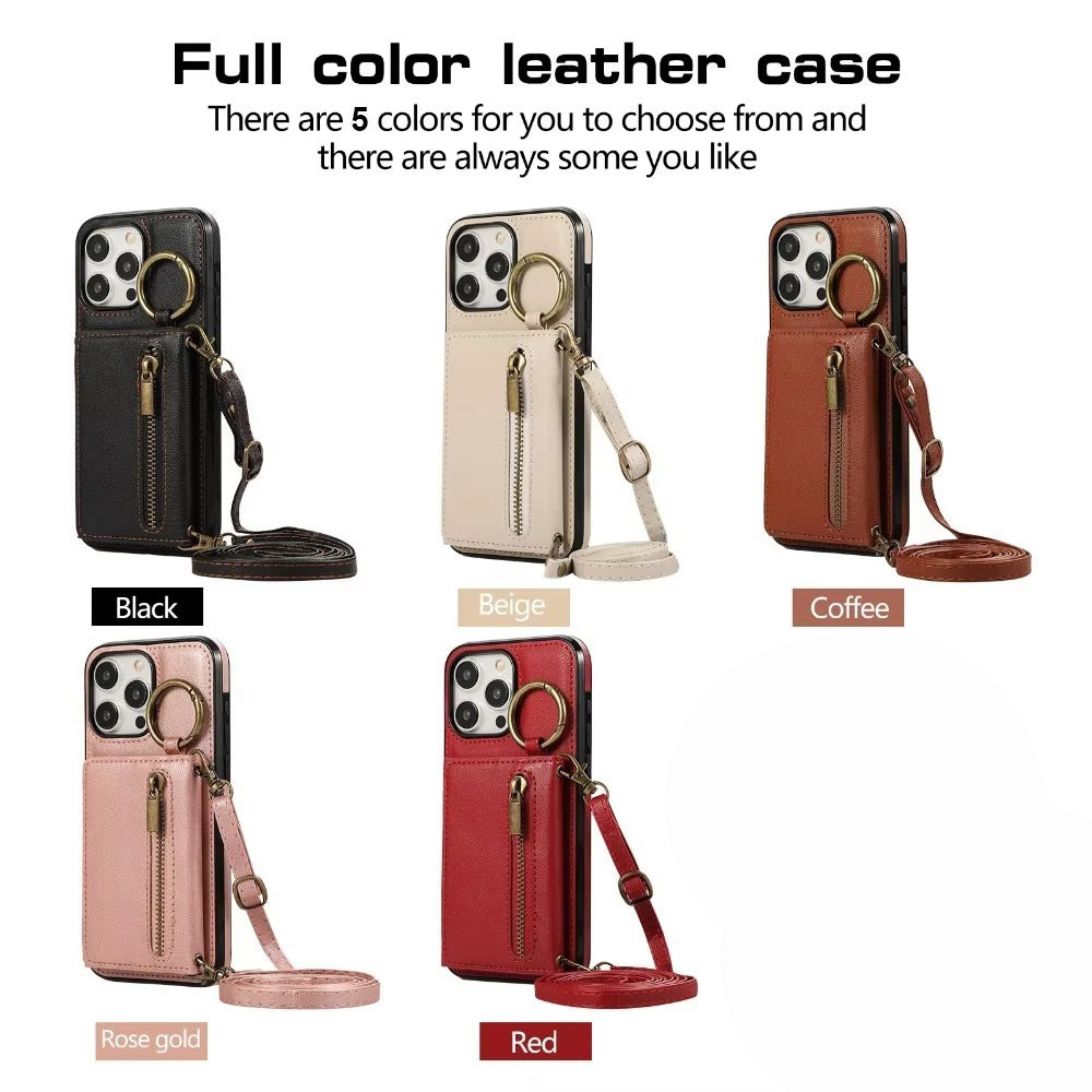 Luxury iPhone Case — PU Leather Crossbody Zipper Wallet Cover with Ring Holder, Card Slot Storage and Anti-Fingerprint Shockproof Protection