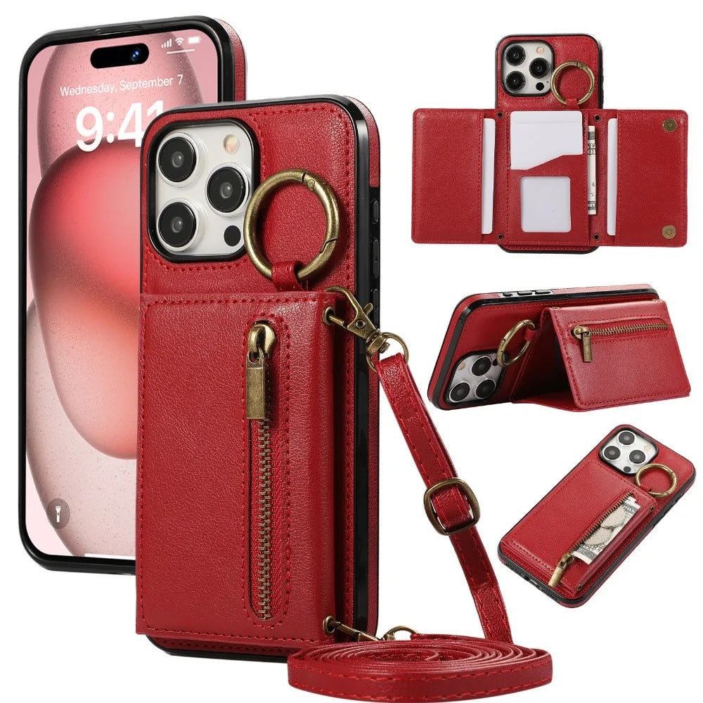 Luxury iPhone Case — PU Leather Crossbody Zipper Wallet Cover with Ring Holder, Card Slot Storage and Anti-Fingerprint Shockproof Protection