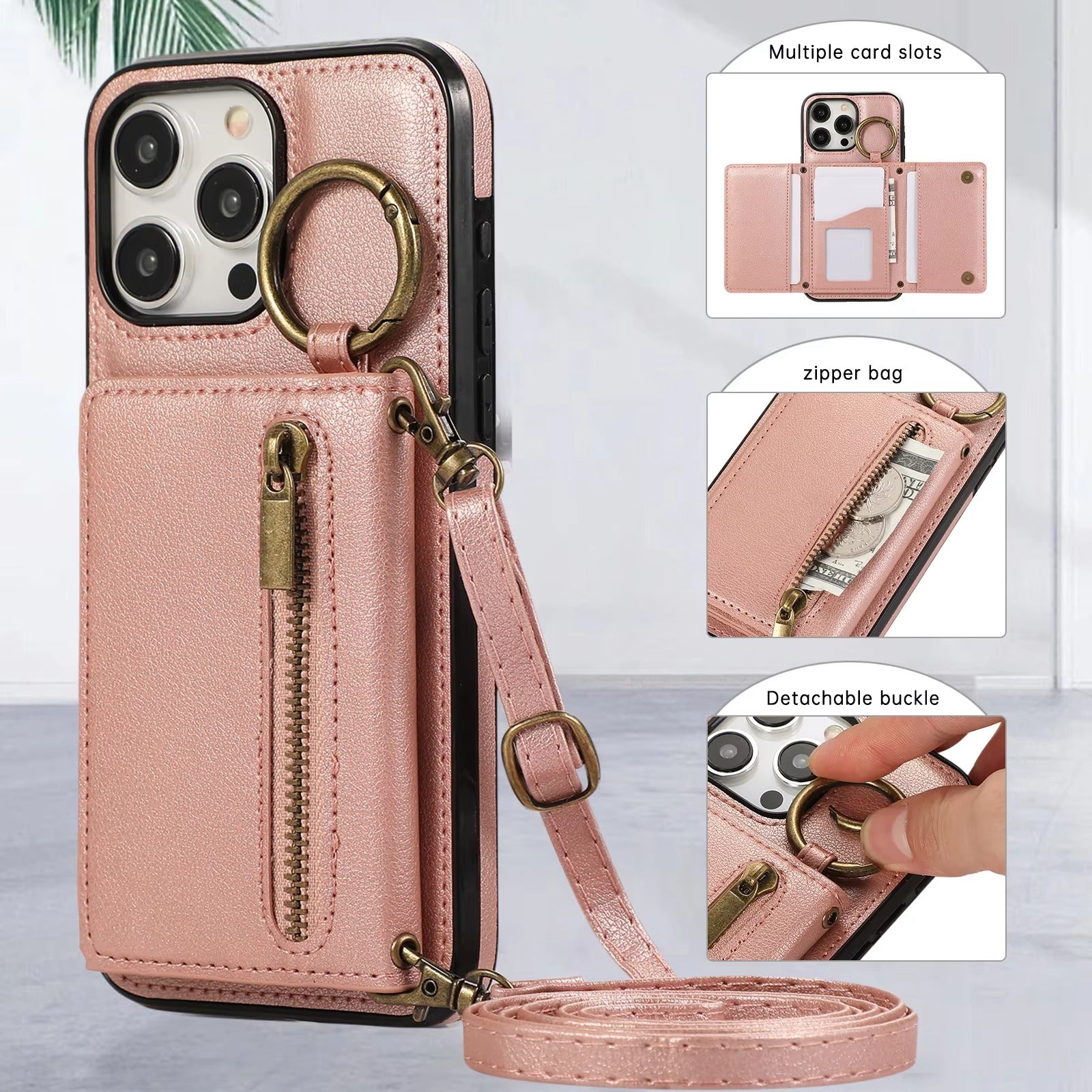 Luxury iPhone Case — PU Leather Crossbody Zipper Wallet Cover with Ring Holder, Card Slot Storage and Anti-Fingerprint Shockproof Protection