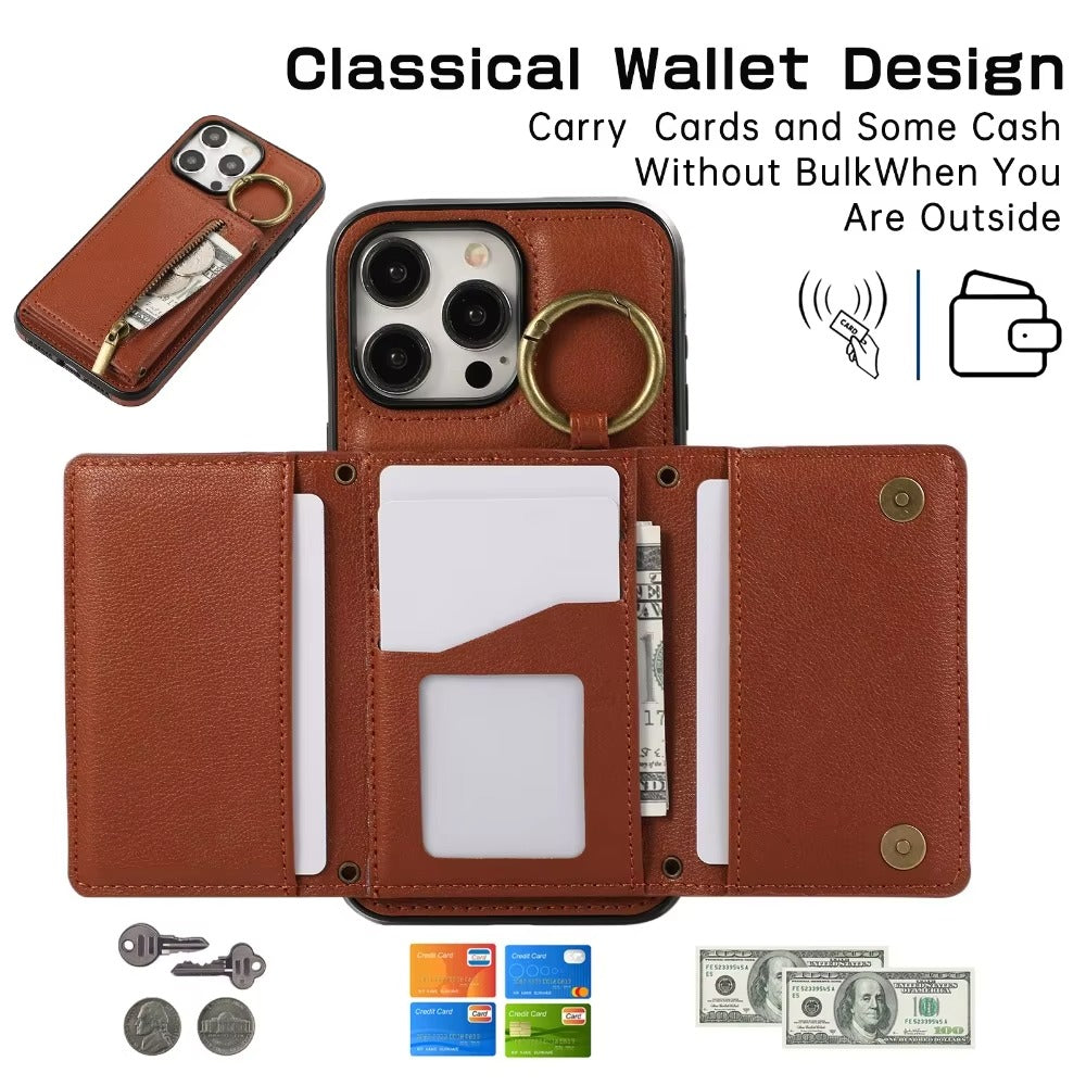 Luxury iPhone Case — PU Leather Crossbody Zipper Wallet Cover with Ring Holder, Card Slot Storage and Anti-Fingerprint Shockproof Protection