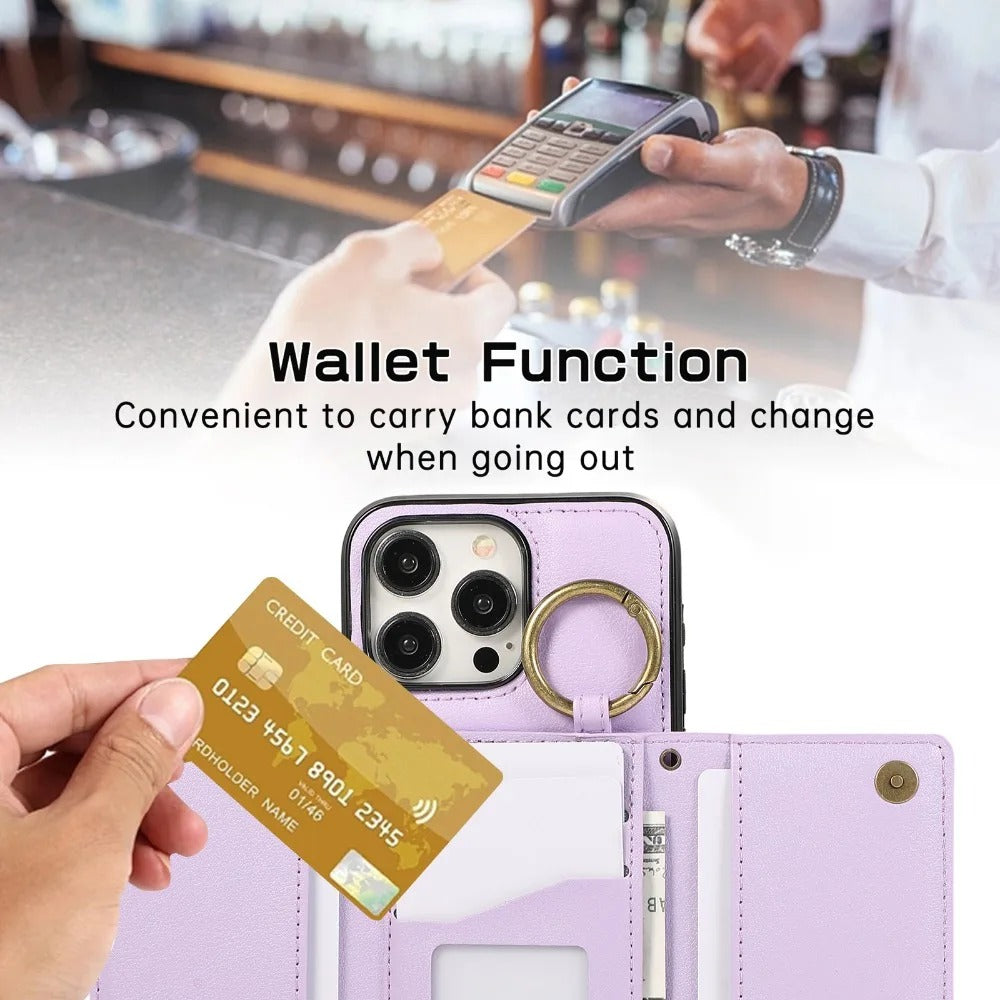 Luxury iPhone Case — PU Leather Crossbody Zipper Wallet Cover with Ring Holder, Card Slot Storage and Anti-Fingerprint Shockproof Protection