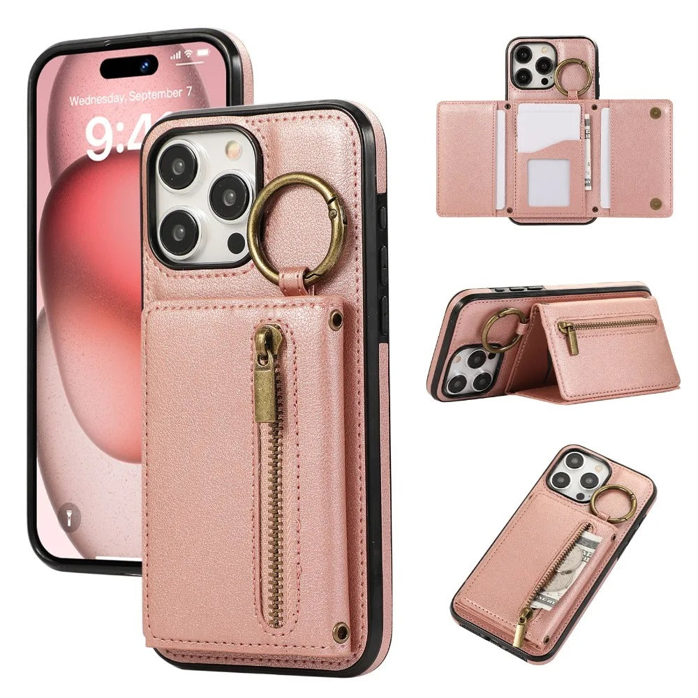 Luxury iPhone Case — PU Leather Crossbody Zipper Wallet Cover with Ring Holder, Card Slot Storage and Anti-Fingerprint Shockproof Protection