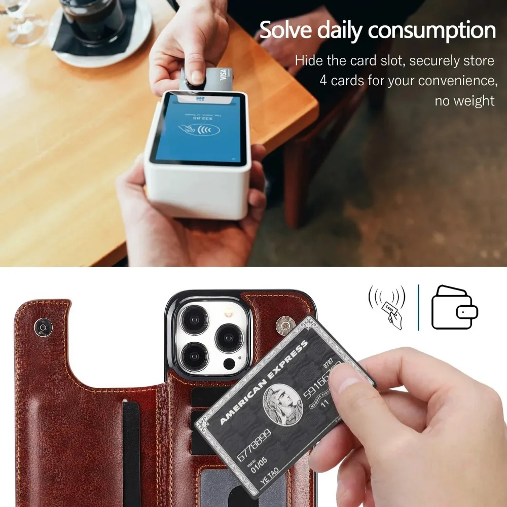 Luxury iPhone Case — PU Leather Flip Wallet Cover with Card Slots, Kickstand Holder, Full-Protection Design and Anti-Fingerprint Finish