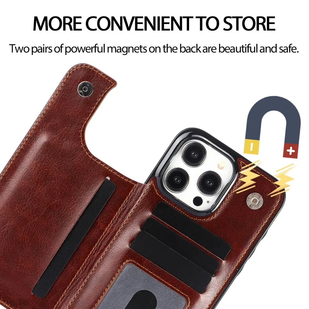 Luxury iPhone Case — PU Leather Flip Wallet Cover with Card Slots, Kickstand Holder, Full-Protection Design and Anti-Fingerprint Finish