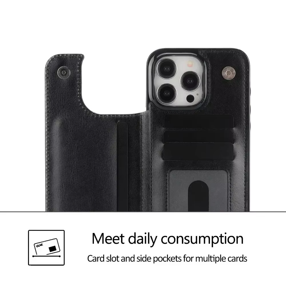 Luxury iPhone Case — PU Leather Flip Wallet Cover with Card Slots, Kickstand Holder, Full-Protection Design and Anti-Fingerprint Finish