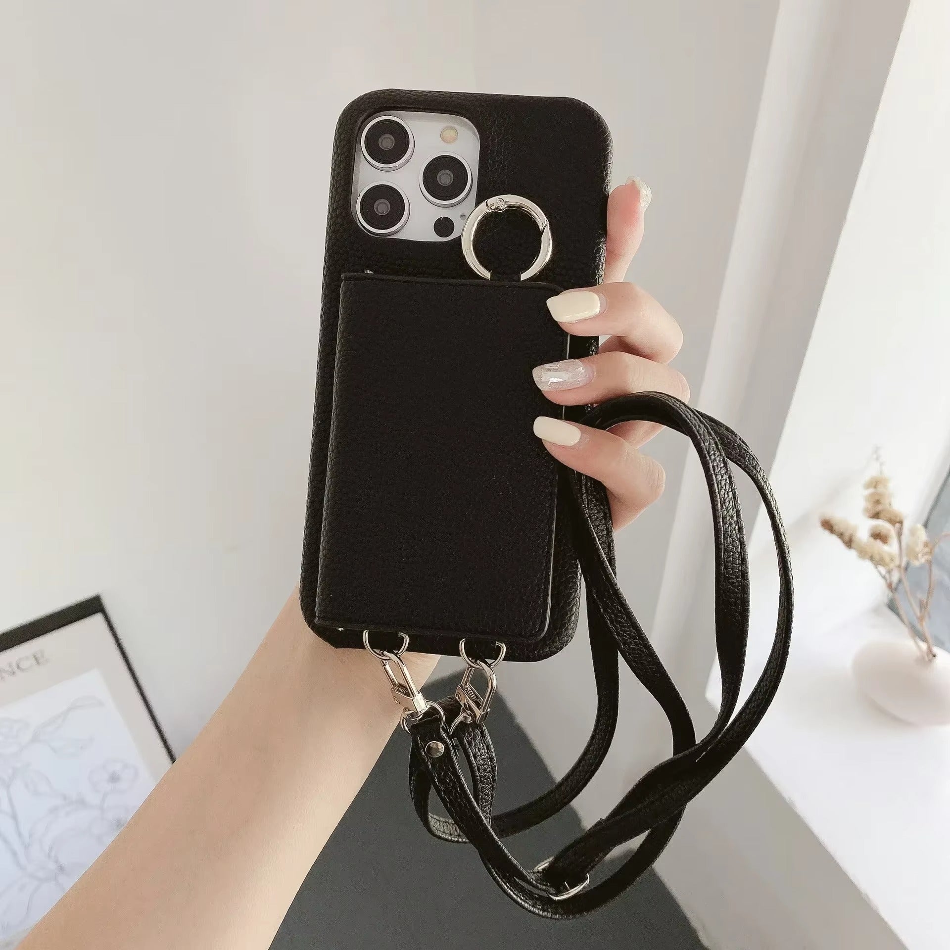 Luxury iPhone Case — PU Leather Mirror Wallet Cover with Card Slot, Ring Holder, Kickstand and Crossbody Lanyard for Shockproof Protection