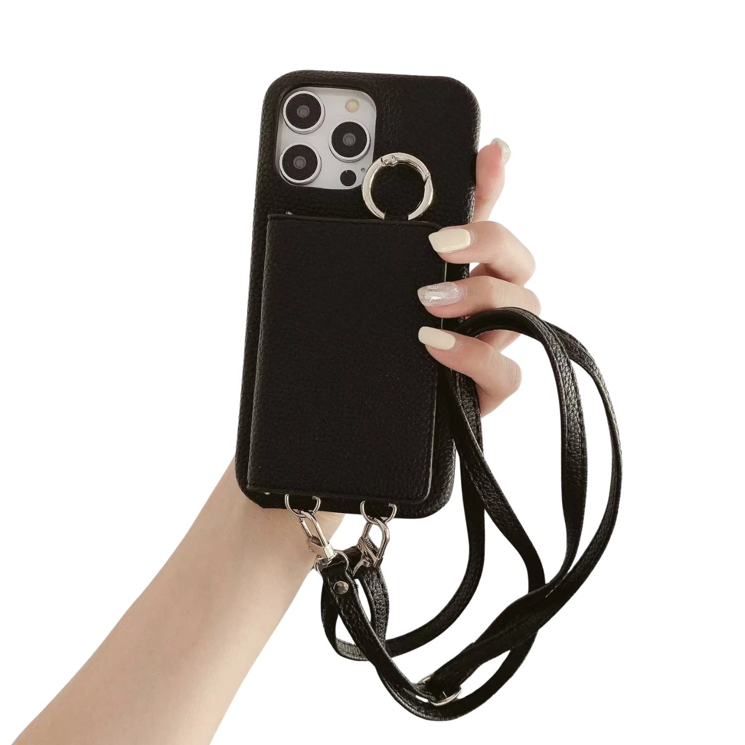 Luxury iPhone Case — PU Leather Mirror Wallet Cover with Card Slot, Ring Holder, Kickstand and Crossbody Lanyard for Shockproof Protection