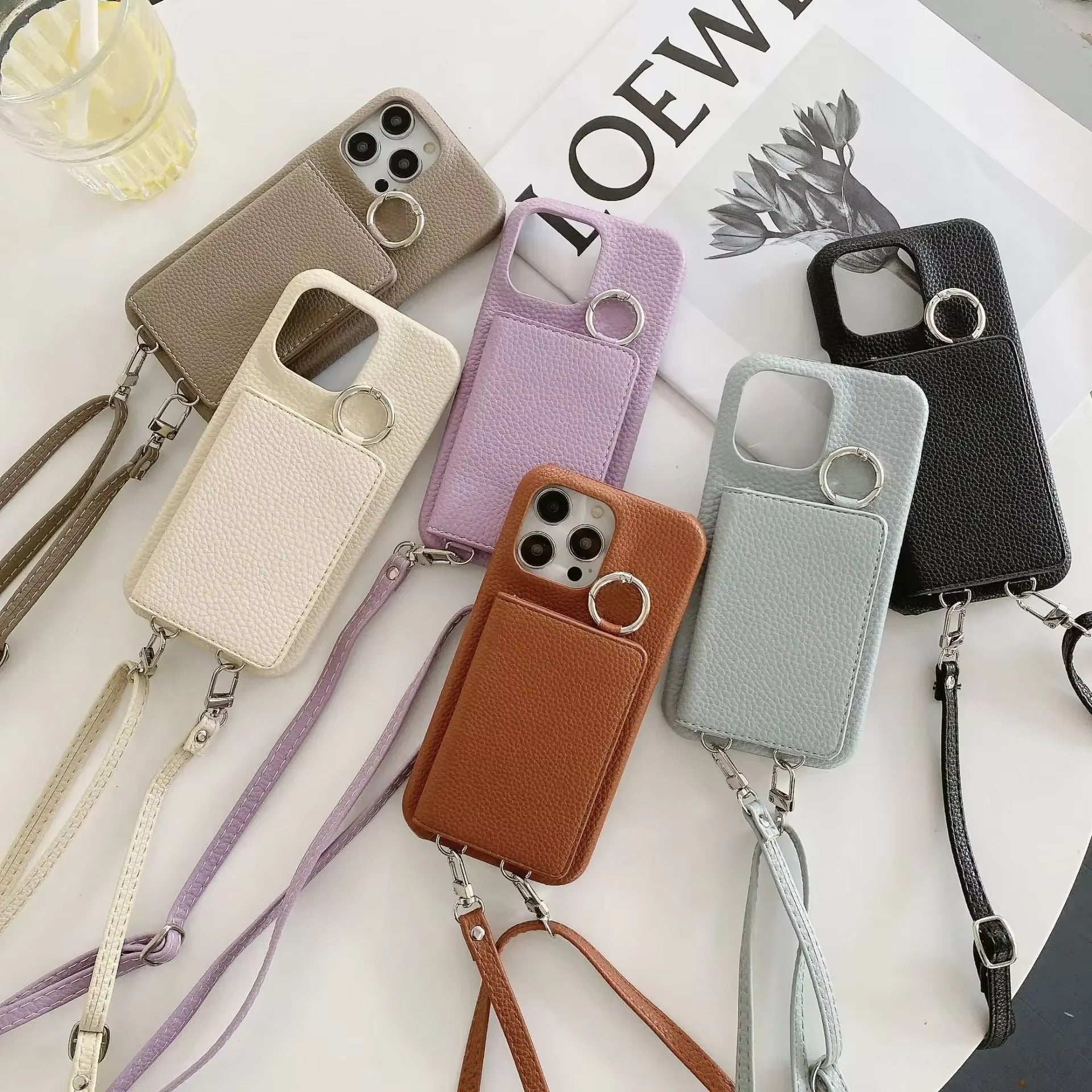 Luxury iPhone Case — PU Leather Mirror Wallet Cover with Card Slot, Ring Holder, Kickstand and Crossbody Lanyard for Shockproof Protection
