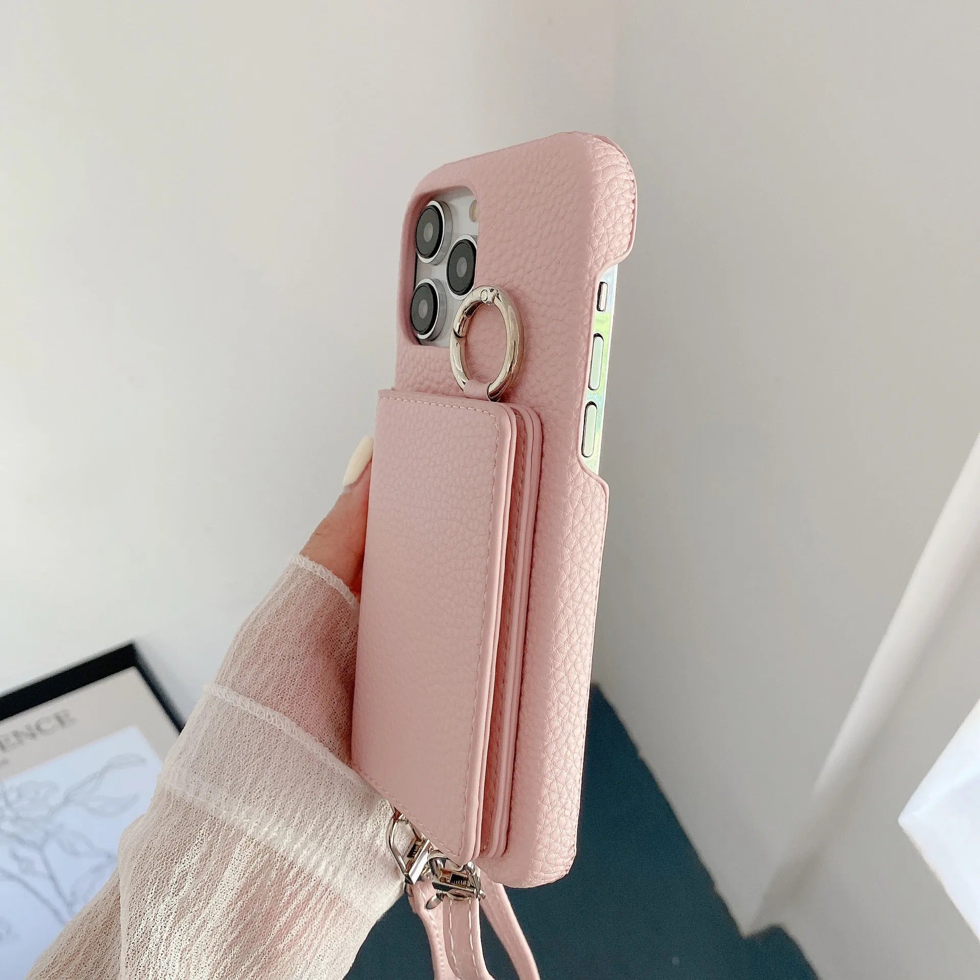 Luxury iPhone Case — PU Leather Mirror Wallet Cover with Card Slot, Ring Holder, Kickstand and Crossbody Lanyard for Shockproof Protection