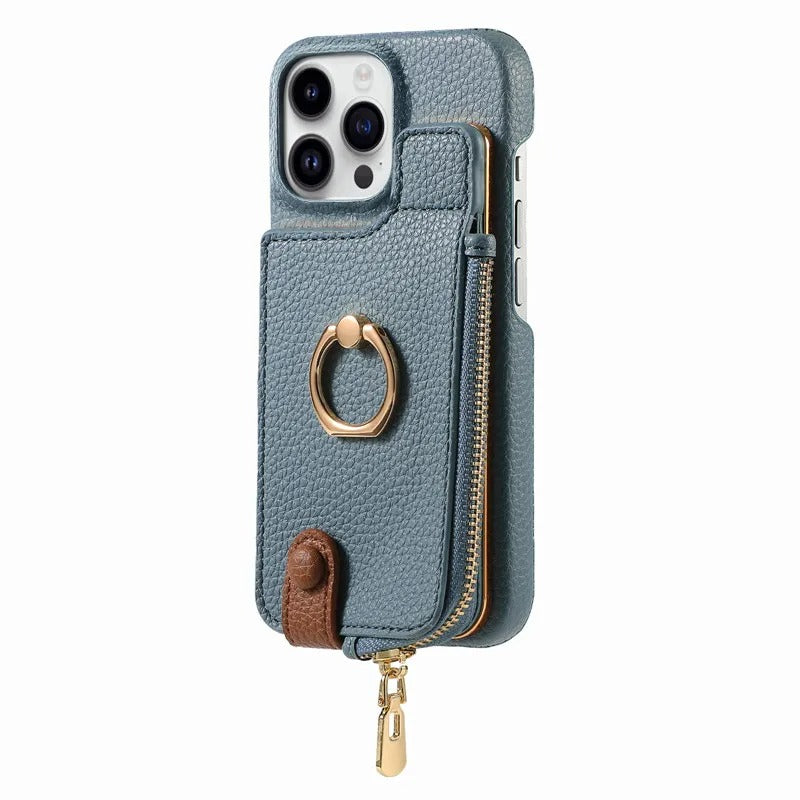 Luxury iPhone Case — PU Leather Zipper Wallet Cover with Card Holder, Ring Kickstand, Lanyard Strap and Magnetic Anti-Fingerprint Protection