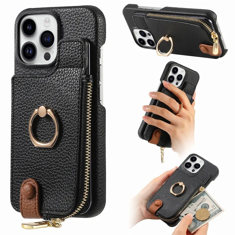 Luxury iPhone Case — PU Leather Zipper Wallet Cover with Card Holder, Ring Kickstand, Lanyard Strap and Magnetic Anti-Fingerprint Protection