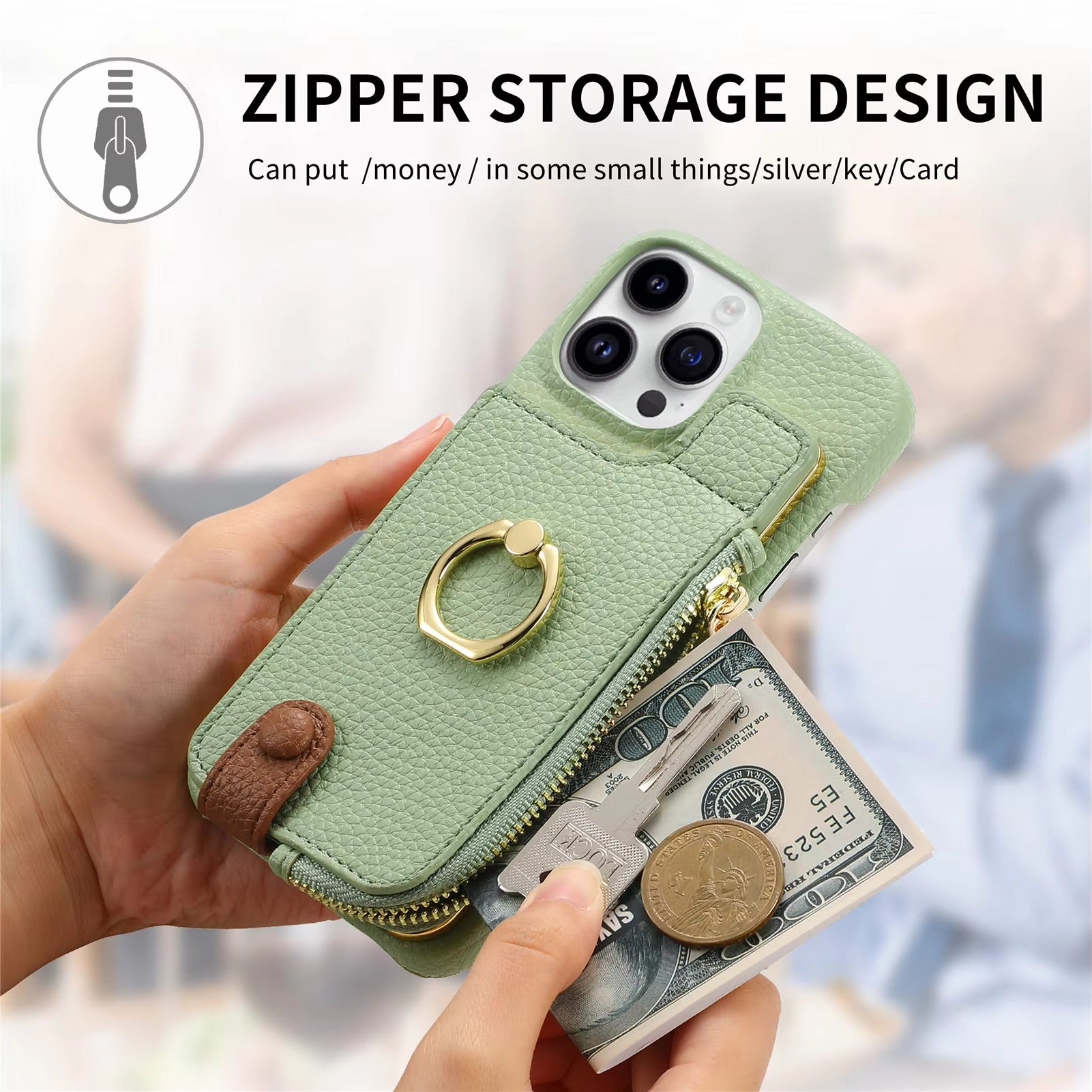Luxury iPhone Case — PU Leather Zipper Wallet Cover with Card Holder, Ring Kickstand, Lanyard Strap and Magnetic Anti-Fingerprint Protection