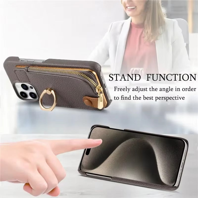 Luxury iPhone Case — PU Leather Zipper Wallet Cover with Card Holder, Ring Kickstand, Lanyard Strap and Magnetic Anti-Fingerprint Protection