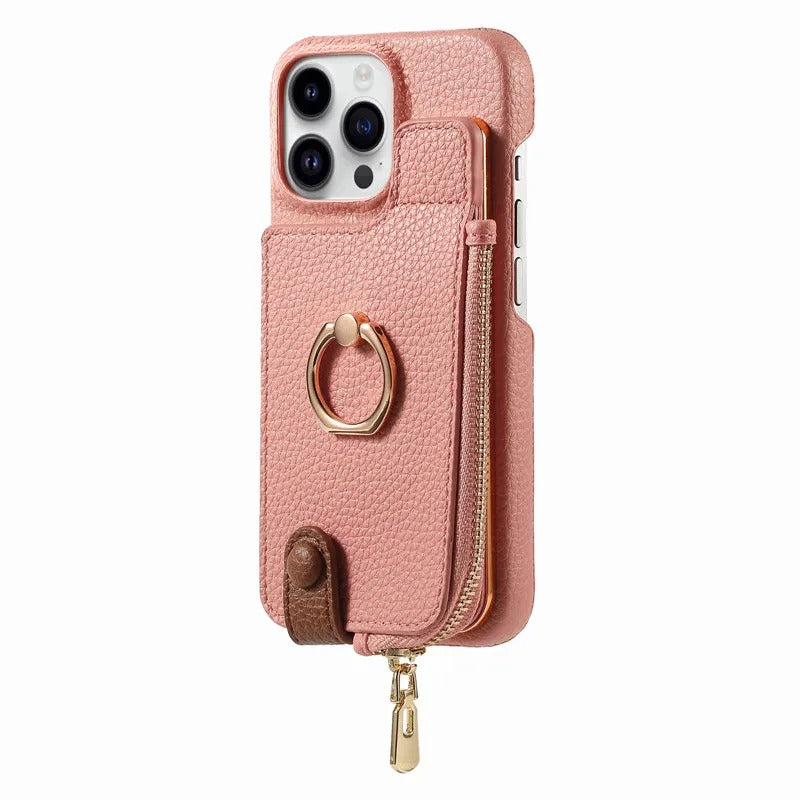 Luxury iPhone Case — PU Leather Zipper Wallet Cover with Card Holder, Ring Kickstand, Lanyard Strap and Magnetic Anti-Fingerprint Protection