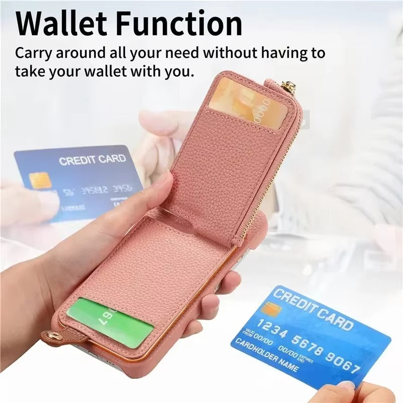 Luxury iPhone Case — PU Leather Zipper Wallet Cover with Card Holder, Ring Kickstand, Lanyard Strap and Magnetic Anti-Fingerprint Protection