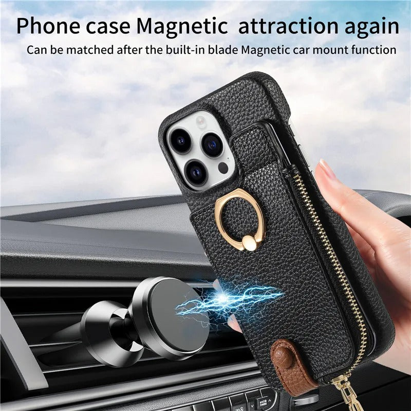 Luxury iPhone Case — PU Leather Zipper Wallet Cover with Card Holder, Ring Kickstand, Lanyard Strap and Magnetic Anti-Fingerprint Protection