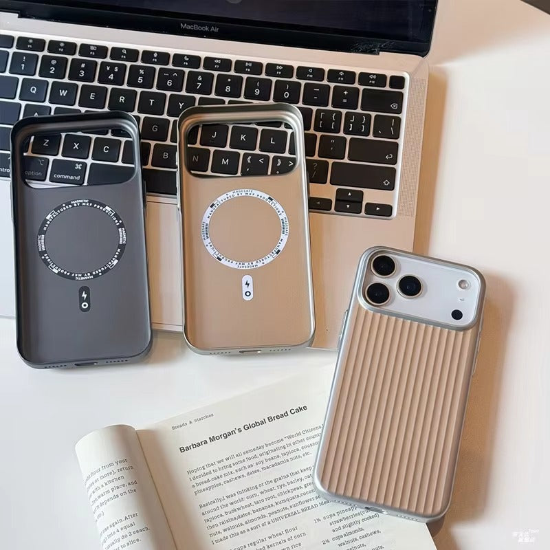 Luxury iPhone Case — Plating 3D Luggage-Stripe MagSafe Cover with Shockproof Matte Design and Wireless-Charging Safe Protection