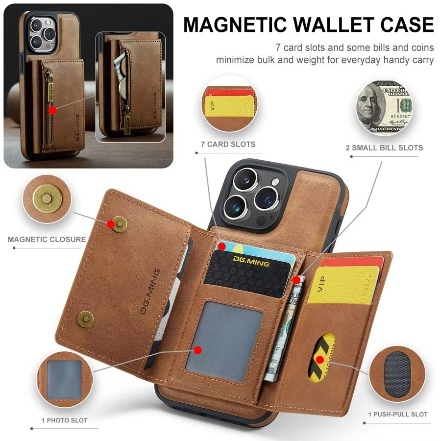 Luxury iPhone Case — RFID Magnetic Detachable Leather Wallet Cover with 7-Card Storage, Wireless-Charging Safe Design and Shockproof Protection