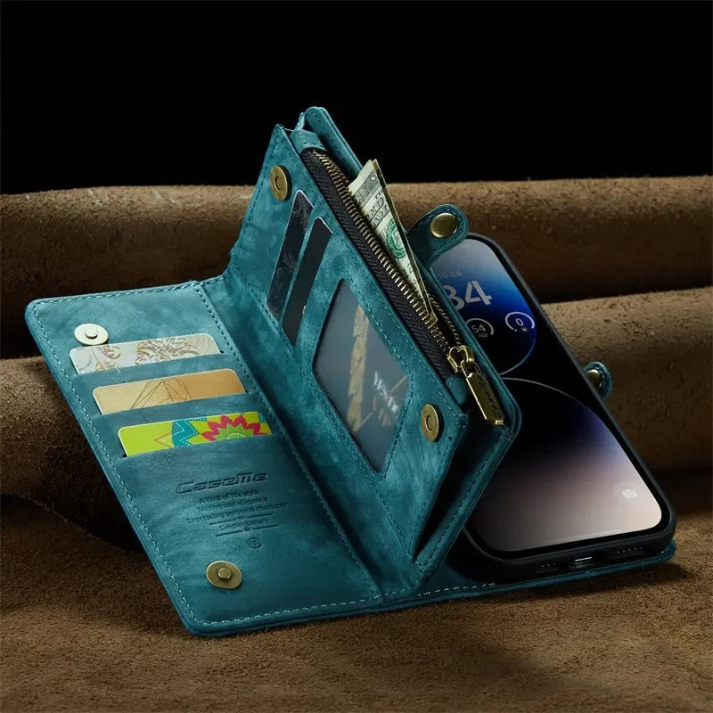 Luxury iPhone Case — Removable Magnetic Wallet Cover with Metal Zipper, 8-Slot Card Purse, Anti-Fingerprint Leather Design and Lanyard Strap