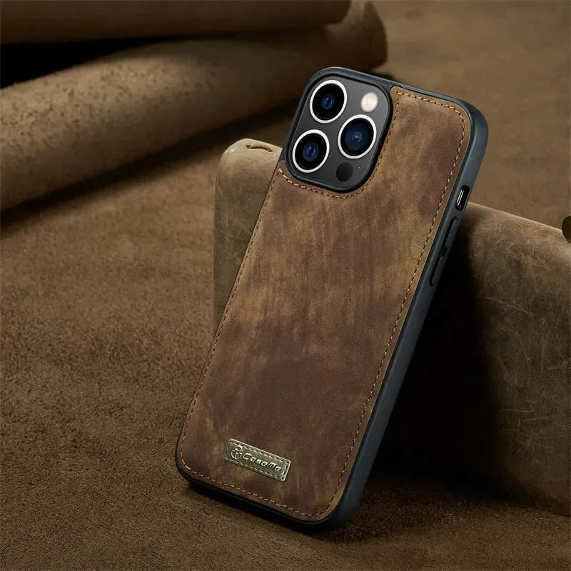 Luxury iPhone Case — Removable Magnetic Wallet Cover with Metal Zipper, 8-Slot Card Purse, Anti-Fingerprint Leather Design and Lanyard Strap