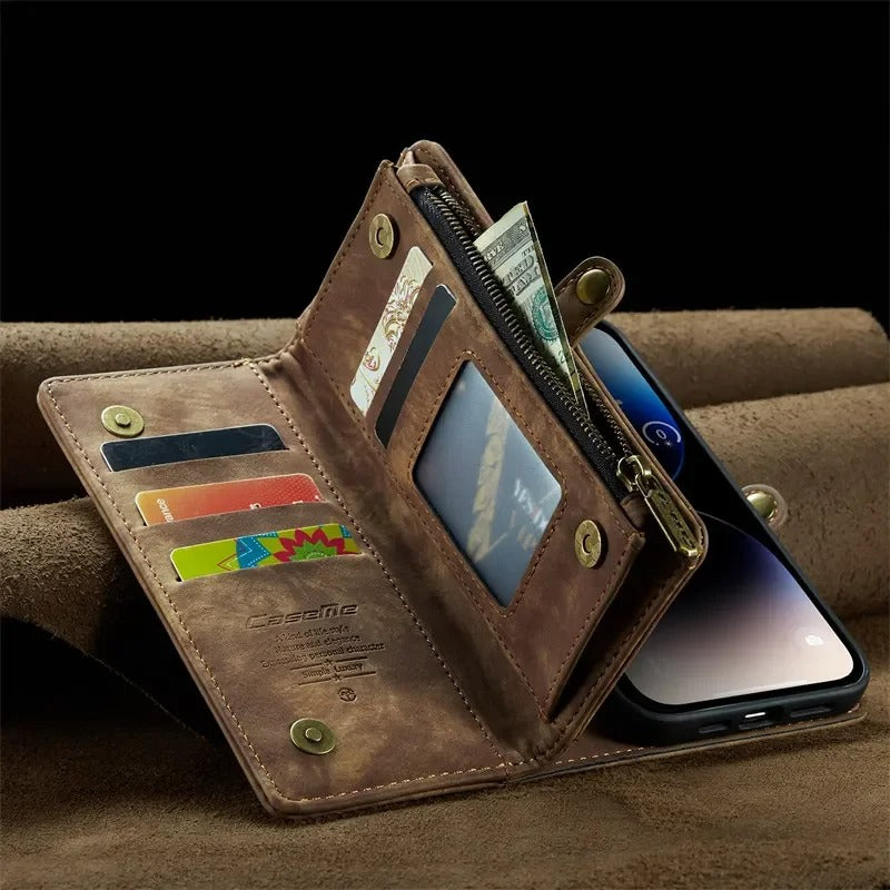 Luxury iPhone Case — Removable Magnetic Wallet Cover with Metal Zipper, 8-Slot Card Purse, Anti-Fingerprint Leather Design and Lanyard Strap