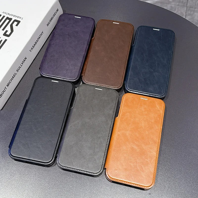 Luxury iPhone Case — Retro Business Flip Leather Cover with Magnetic Charging Support and Card Holder Wallet Design