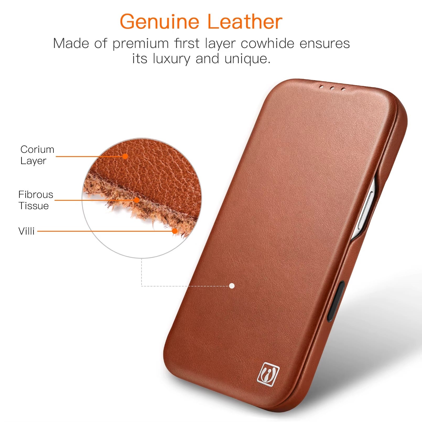 Luxury iPhone Case — Slim Genuine Leather Magnetic Folio Cover with Wireless-Charging Support, Shockproof Protection and Non-Slip Dustproof Design