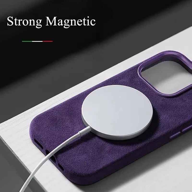 Luxury iPhone Case — Suede Leather Magnetic Cover with MagSafe Charging, Shockproof Hard Protection, Matte Anti-Fingerprint Non-Slip Design