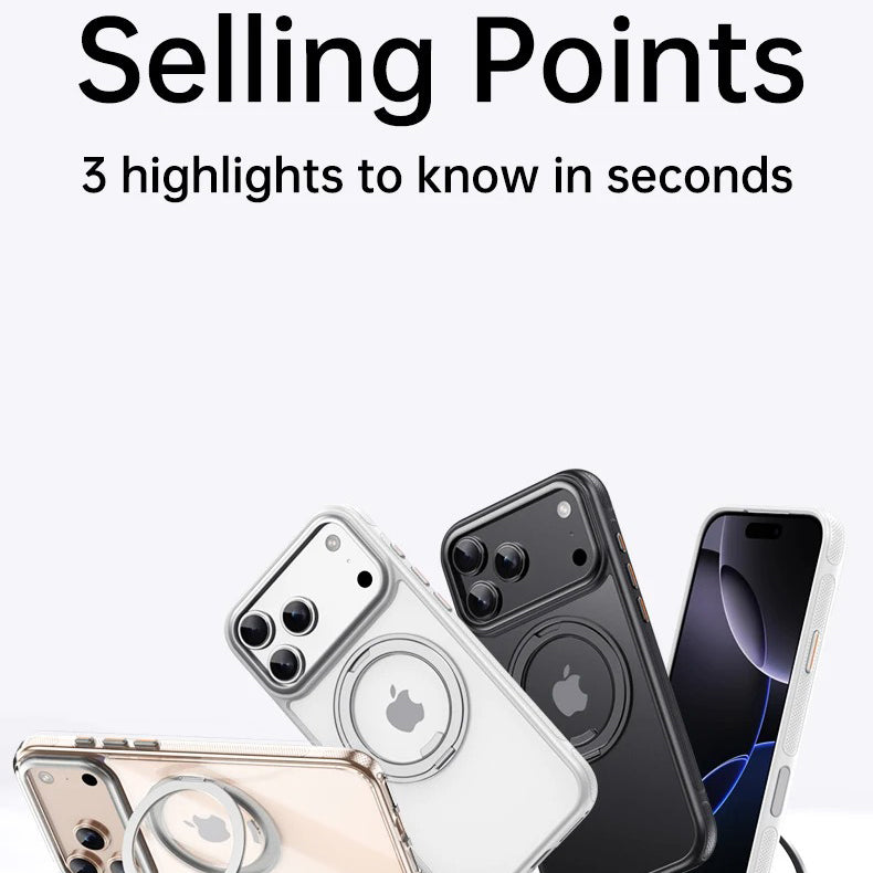 Luxury iPhone Case — Transparent MagSafe Magnetic Cover with 360° Rotating Ring Stand, Shockproof TPU+PC Protection and Kickstand Design