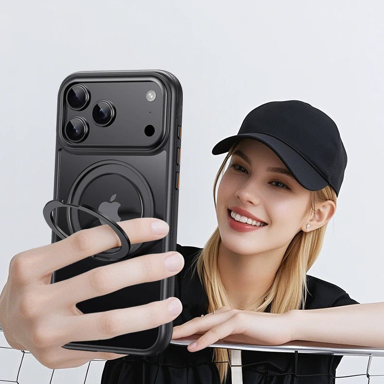 Luxury iPhone Case — Transparent MagSafe Magnetic Cover with 360° Rotating Ring Stand, Shockproof TPU+PC Protection and Kickstand Design