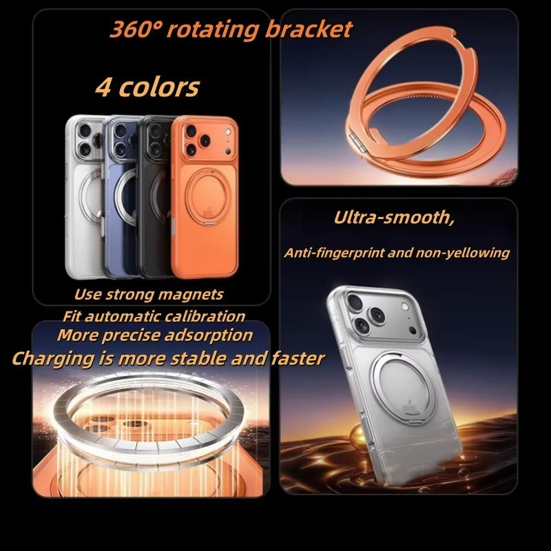 Luxury iPhone Case — Transparent MagSafe Magnetic Cover with 360° Rotating Ring Stand, Shockproof TPU+PC Protection and Kickstand Design