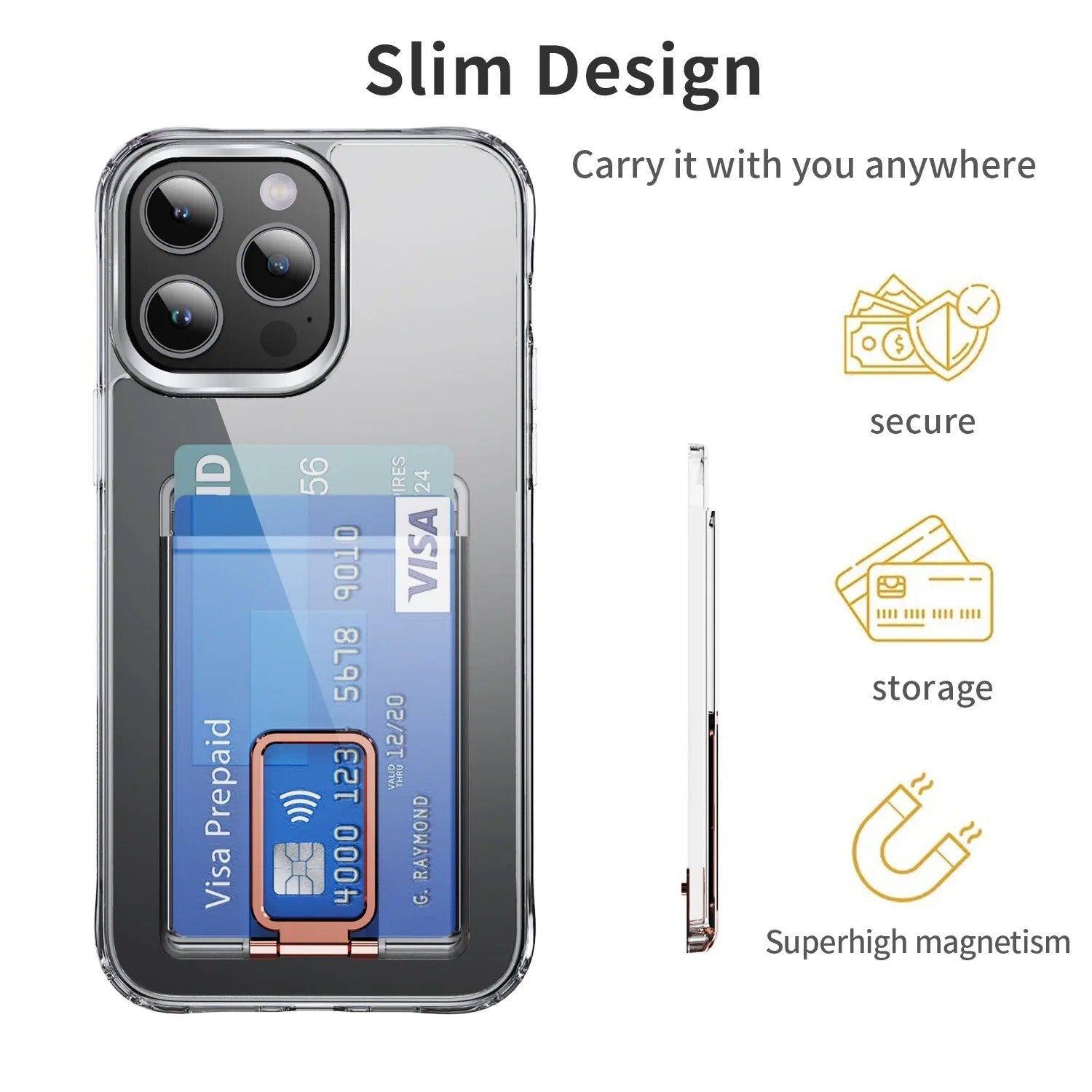 Luxury iPhone Case — Transparent Magnetic Card Wallet with Metal Stand Holder, Anti-Fingerprint, Shockproof, Clear Protective Cover