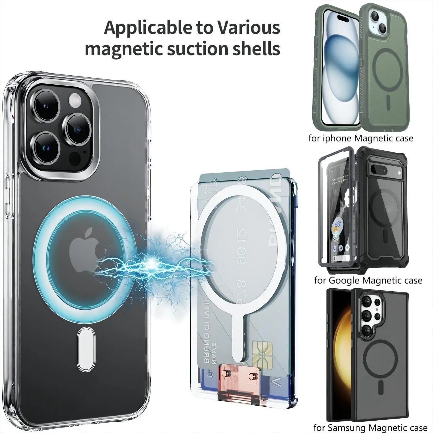 Luxury iPhone Case — Transparent Magnetic Card Wallet with Metal Stand Holder, Anti-Fingerprint, Shockproof, Clear Protective Cover