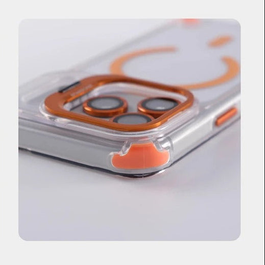 Luxury iPhone Case — Transparent Magnetic Shockproof Cover with Glass Lens Protector, Built-In Stand Holder & Full-Coverage Non-Slip Design