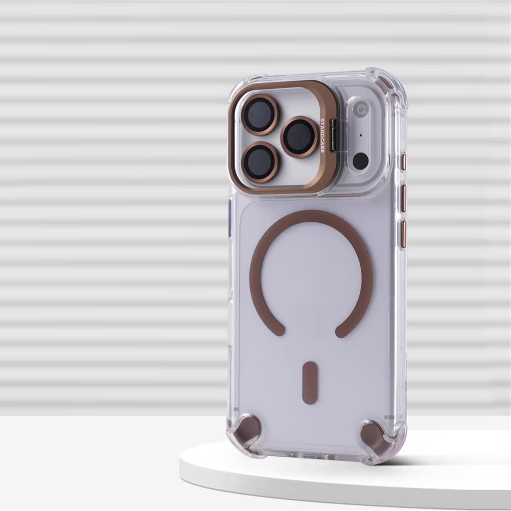 Luxury iPhone Case — Transparent Magnetic Shockproof Cover with Glass Lens Protector, Built-In Stand Holder & Full-Coverage Non-Slip Design