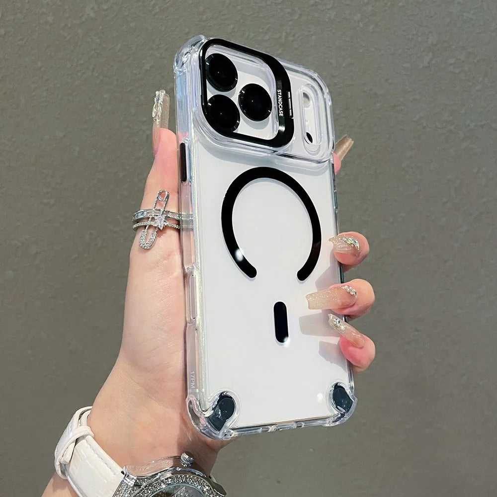 Luxury iPhone Case — Transparent Magnetic Shockproof Cover with Glass Lens Protector, Built-In Stand Holder & Full-Coverage Non-Slip Design