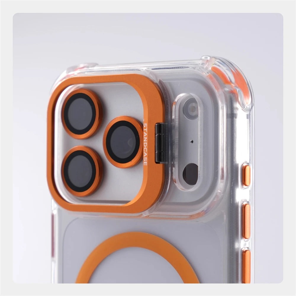 Luxury iPhone Case — Transparent Magnetic Shockproof Cover with Glass Lens Protector, Built-In Stand Holder & Full-Coverage Non-Slip Design