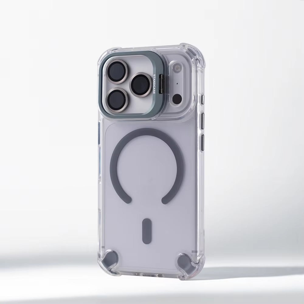 Luxury iPhone Case — Transparent Magnetic Shockproof Cover with Glass Lens Protector, Built-In Stand Holder & Full-Coverage Non-Slip Design
