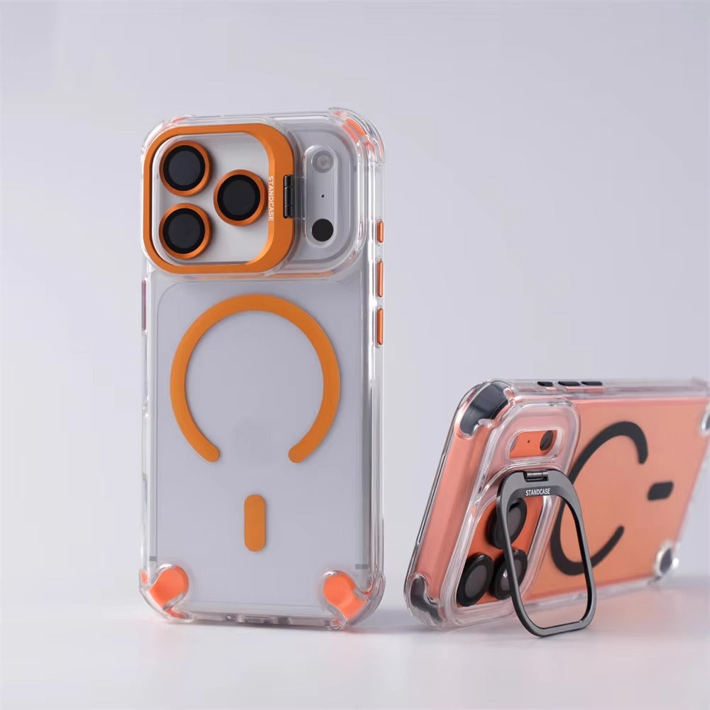 Luxury iPhone Case — Transparent Magnetic Shockproof Cover with Glass Lens Protector, Built-In Stand Holder & Full-Coverage Non-Slip Design