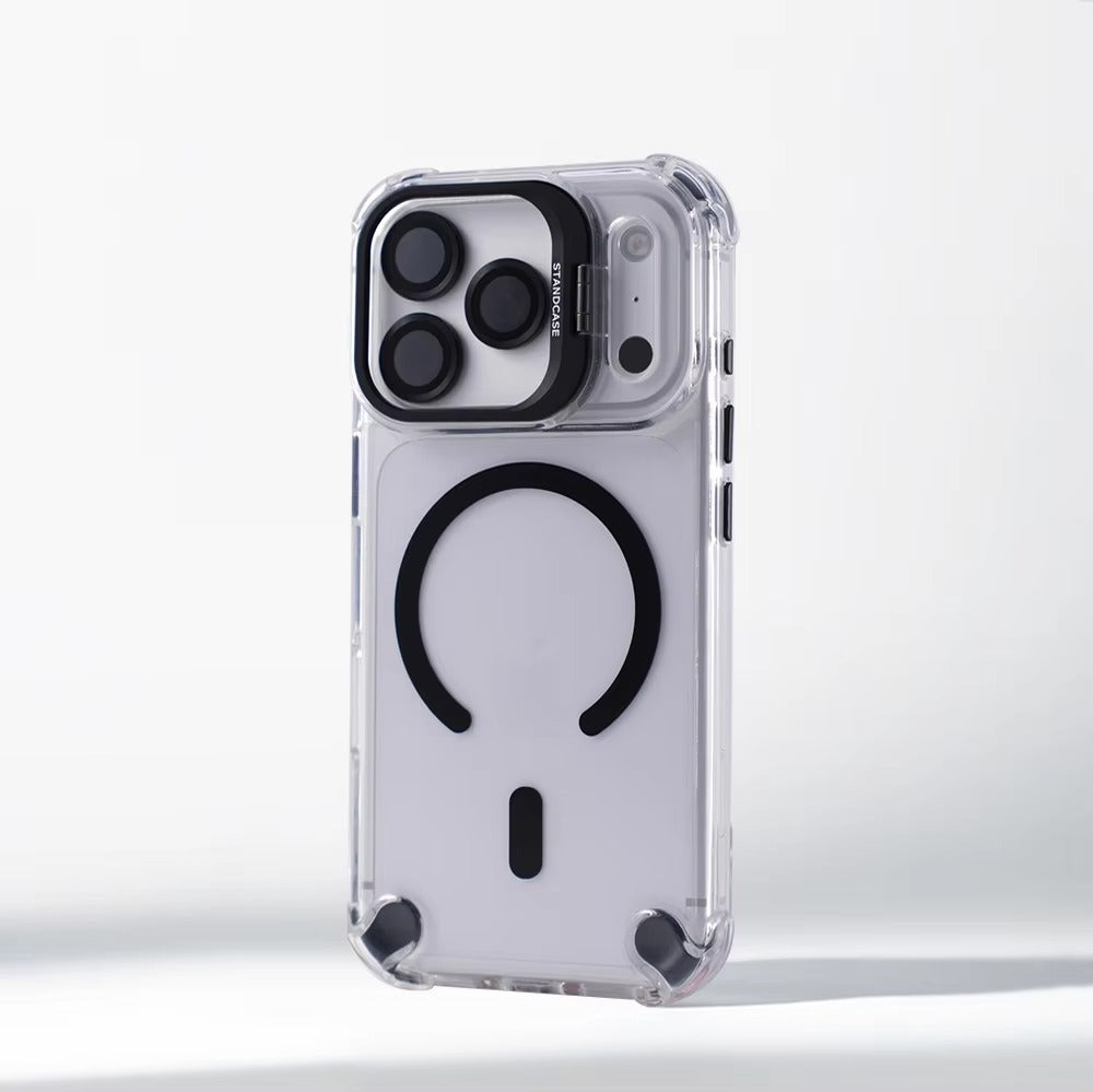 Luxury iPhone Case — Transparent Magnetic Shockproof Cover with Glass Lens Protector, Built-In Stand Holder & Full-Coverage Non-Slip Design