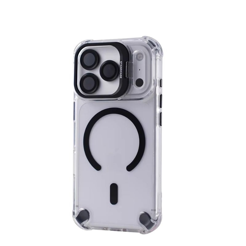 Luxury iPhone Case — Transparent Magnetic Shockproof Cover with Glass Lens Protector, Built-In Stand Holder & Full-Coverage Non-Slip Design