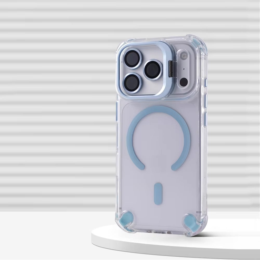 Luxury iPhone Case — Transparent Magnetic Shockproof Cover with Glass Lens Protector, Built-In Stand Holder & Full-Coverage Non-Slip Design