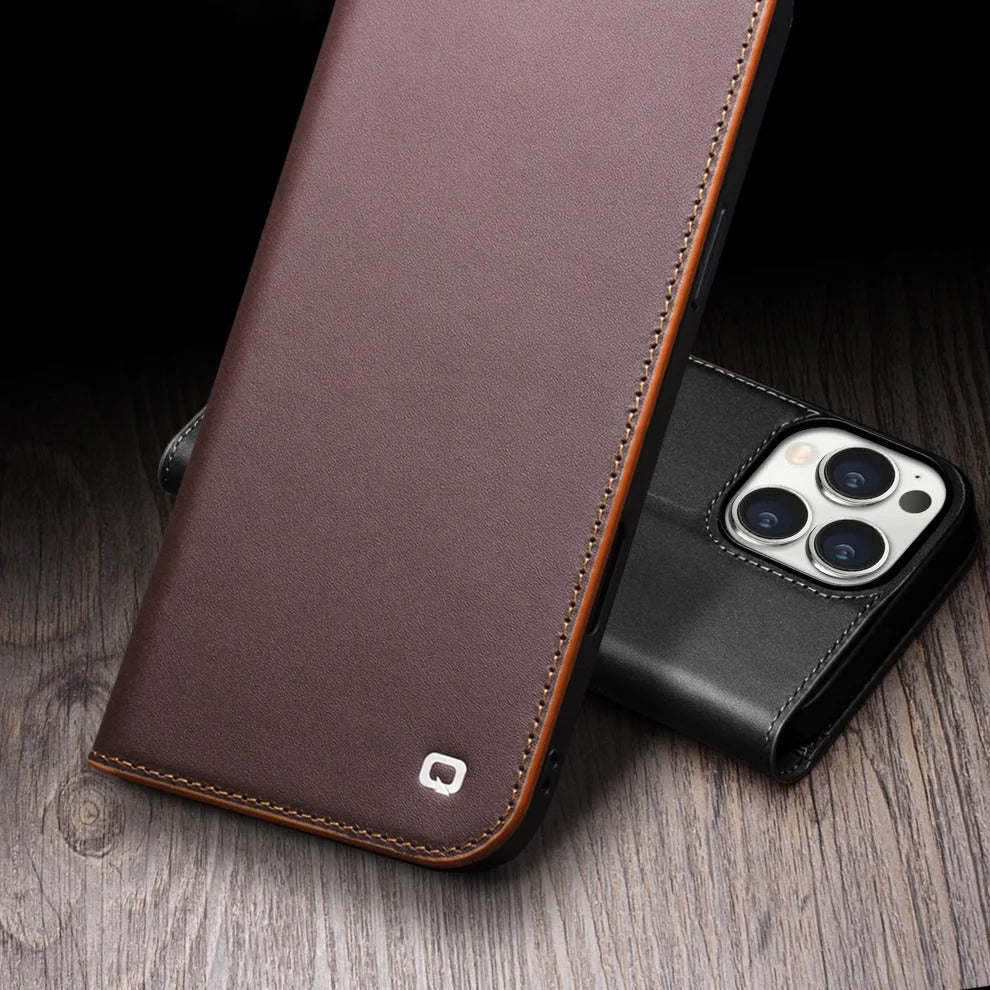 Luxury iPhone Case — Ultra-Slim Handmade Genuine Leather Wallet Flip Cover with Card Slots, Shockproof Drop Protection & Horizontal Stand Function