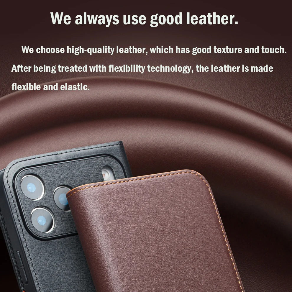 Luxury iPhone Case — Ultra-Slim Handmade Genuine Leather Wallet Flip Cover with Card Slots, Shockproof Drop Protection & Horizontal Stand Function